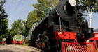 An old steam train on display in Tashkent, Uzbekistan